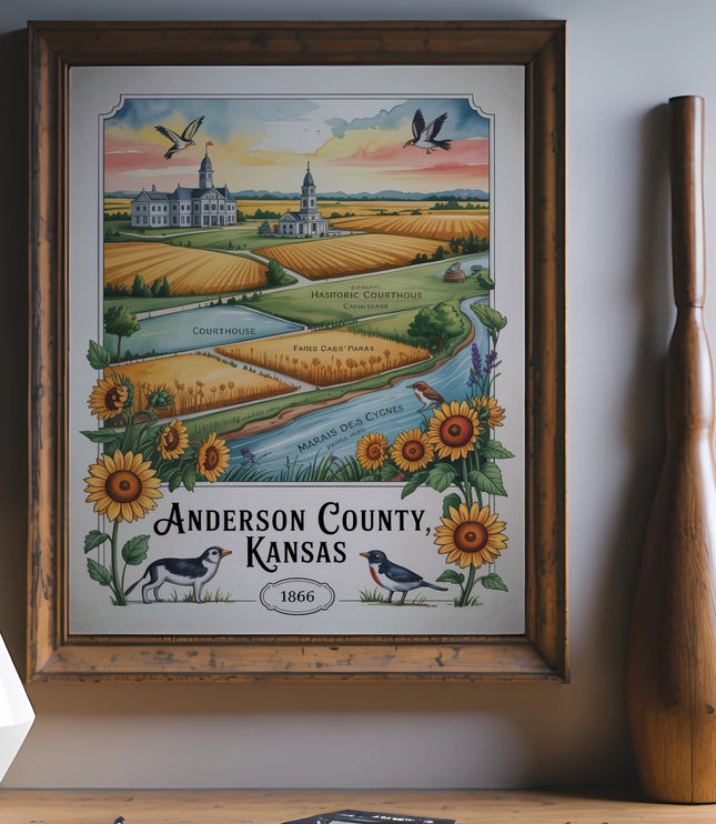 Poster for Anderson County, Kansas, featuring historic courthouse and landscape.