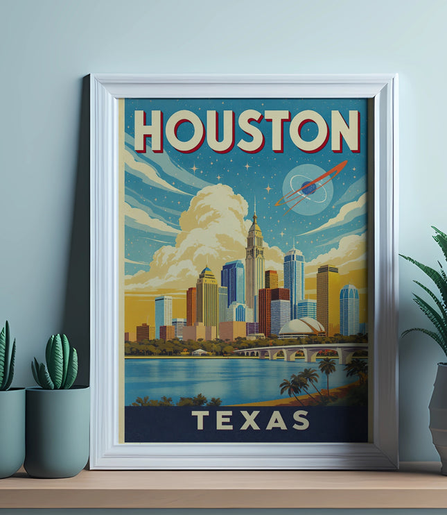 Poster with "HOUSTON TEXAS" text, skyline, and rocket ship.