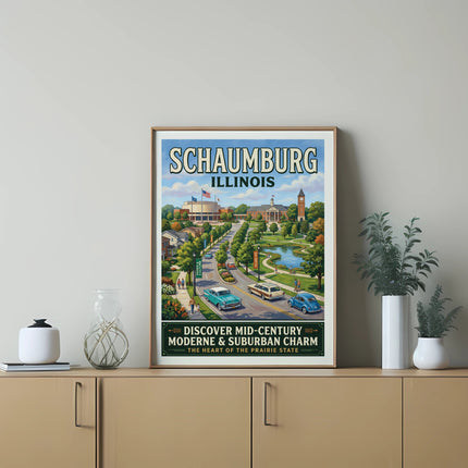 Schaumburg, Illinois travel poster with vintage cars and buildings.