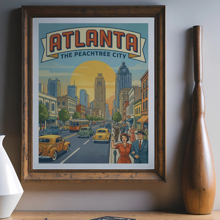 Vintage "Atlanta the Peachtree City" travel poster with city skyline and cars.