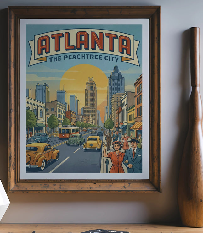 Vintage "Atlanta the Peachtree City" travel poster with city skyline and cars.