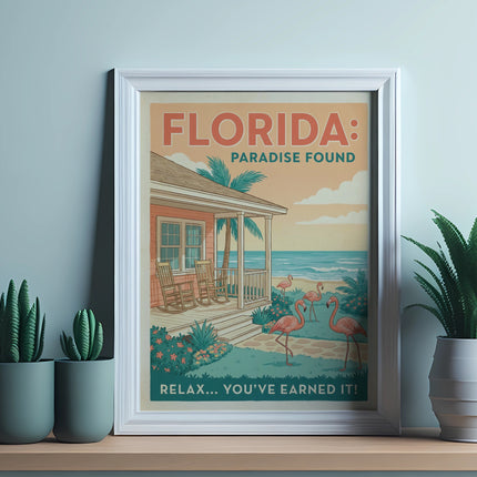 Framed "Florida: Paradise Found" poster with flamingos and beach scene.
