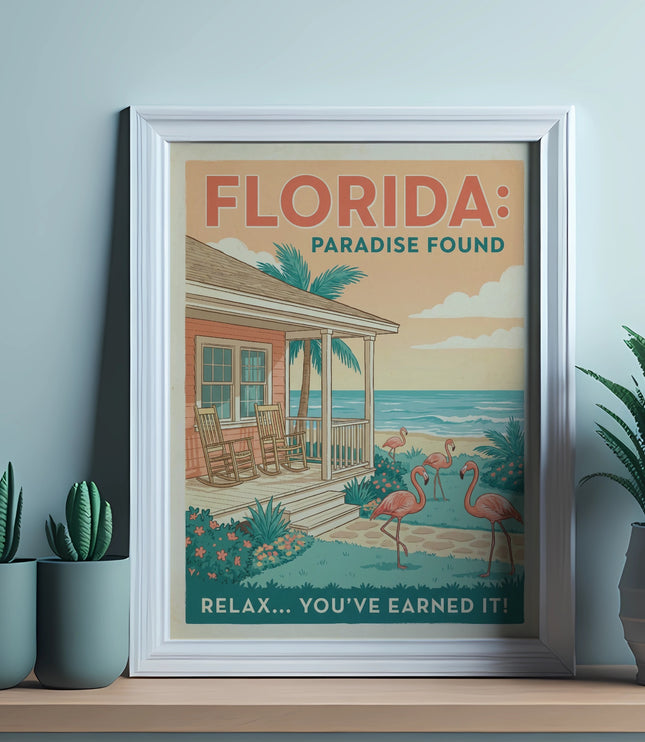 Framed "Florida: Paradise Found" poster with flamingos and beach scene.