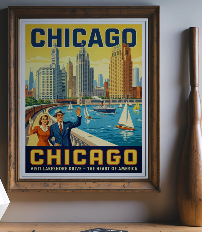 Framed Chicago Lakeshore Drive travel poster featuring a couple and cityscape.