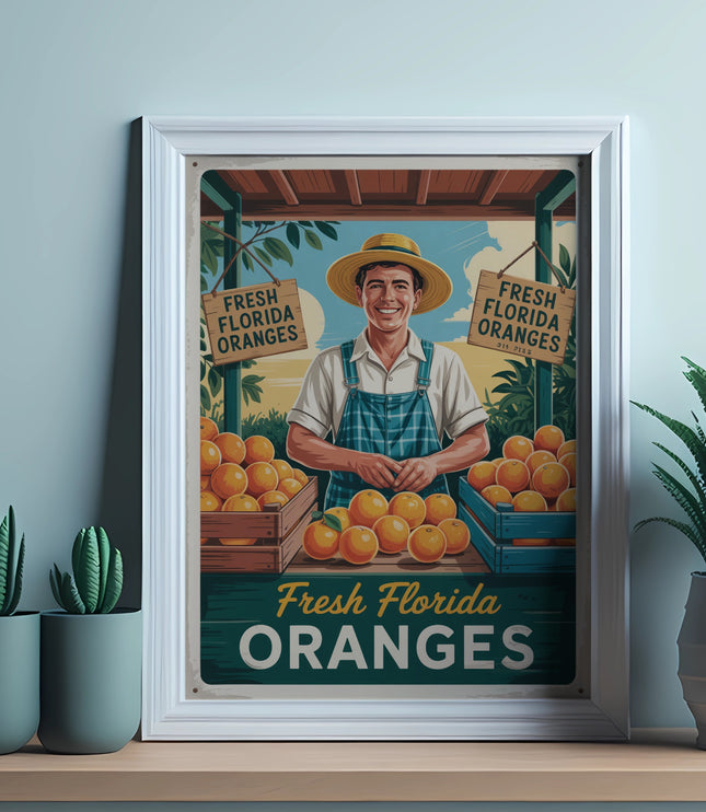 Framed vintage sign with smiling man selling "Fresh Florida Oranges".