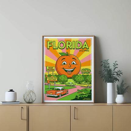 Vintage Florida circa 1950s poster with a giant orange and retro cars.