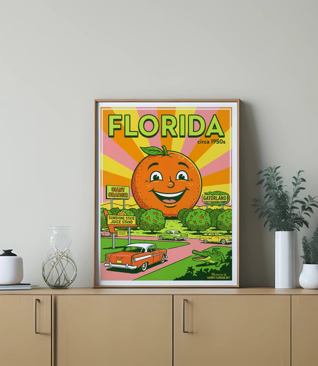 Vintage Florida circa 1950s poster with a giant orange and retro cars.