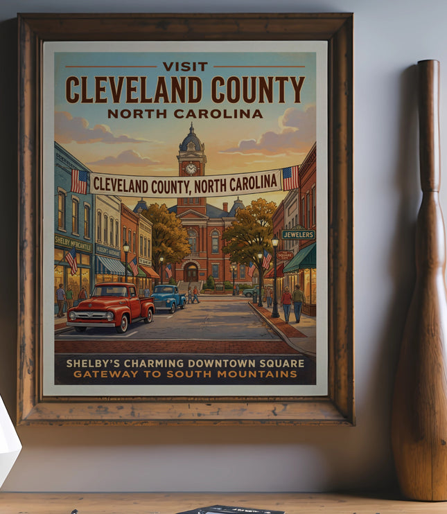 Vintage poster of Cleveland County, North Carolina, featuring a downtown square and vintage trucks.