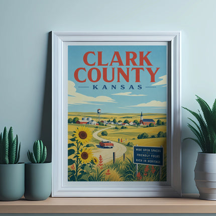 Vintage poster of Clark County Kansas landscape with sunflowers and text.