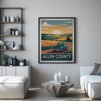 Vintage-style poster of Allen County, Kansas with a truck on a country road.
