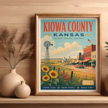 Vintage poster of Kiowa County, Kansas with a windmill and sunflowers.