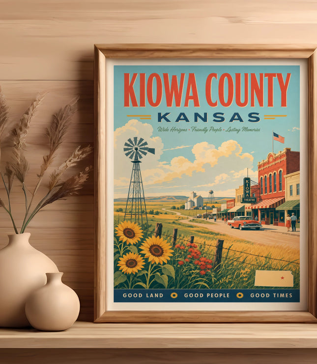 Vintage poster of Kiowa County, Kansas with a windmill and sunflowers.