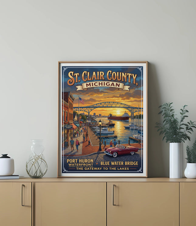 St. Clair County, Michigan poster of Port Huron waterfront and Blue Water Bridge.