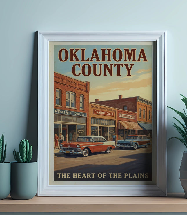 Vintage Oklahoma County poster with classic cars and storefronts, reading "The Heart of the Plains".