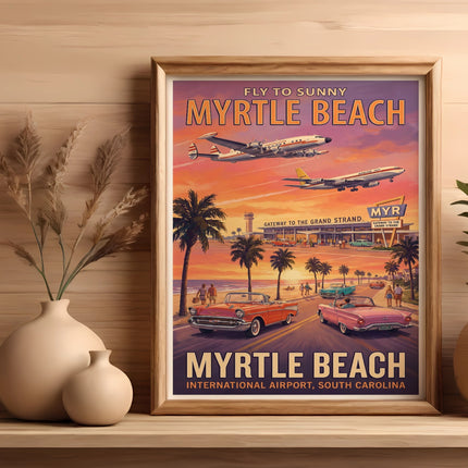 Myrtle Beach vintage travel poster with planes, cars, and beach scene.