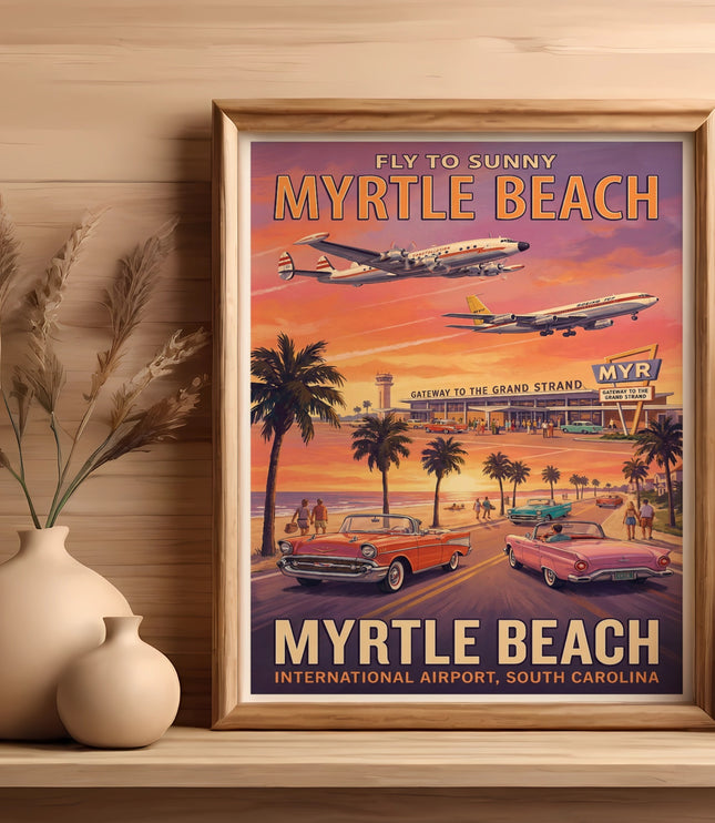 Myrtle Beach vintage travel poster with planes, cars, and beach scene.