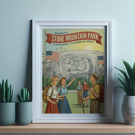 Framed poster of Georgia's Stone Mountain Park with an American flag and monument carving.