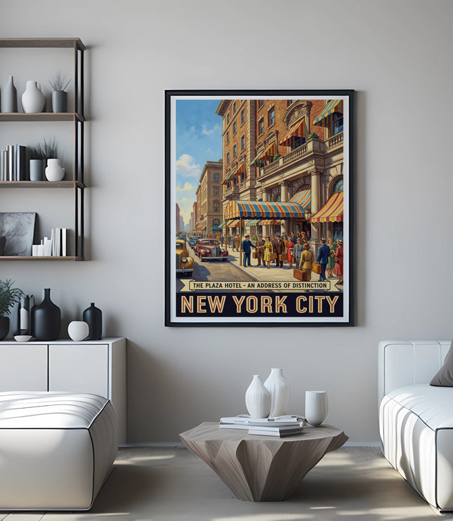 Plaza Hotel New York City vintage poster featuring street scene and people.