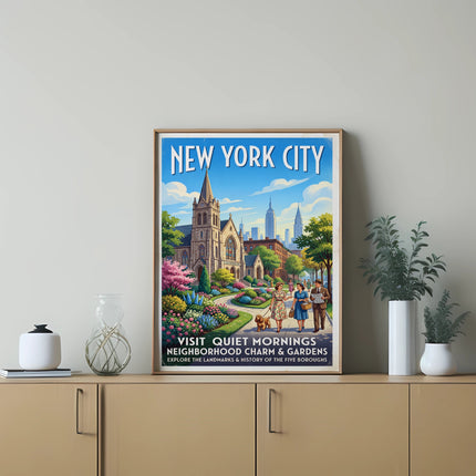 New York City poster with church, park, and people, text "Visit Quiet Mornings".