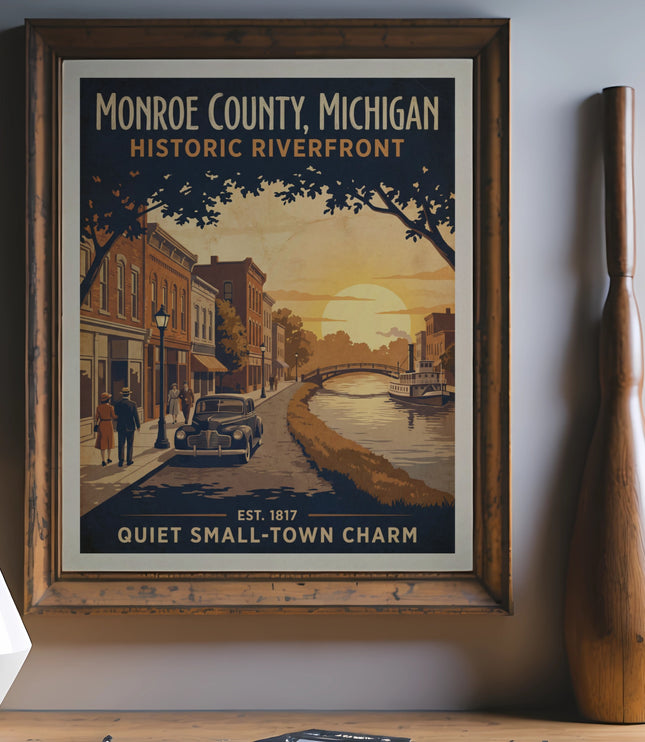 Vintage poster of Monroe County, Michigan Historic Riverfront, est. 1817.