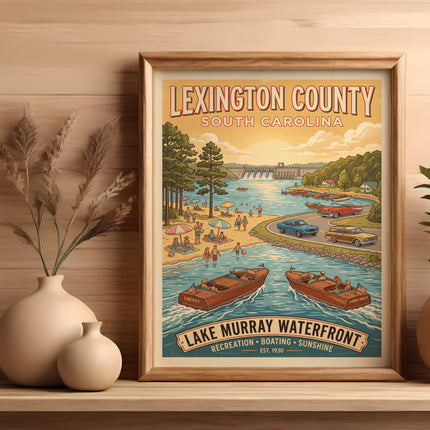 Lexington County, South Carolina Lake Murray Waterfront recreation, boating, sunshine print est. 1930.