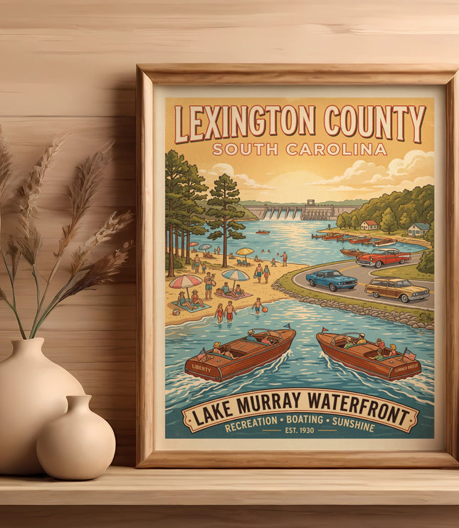 Lexington County, South Carolina Lake Murray Waterfront recreation, boating, sunshine print est. 1930.