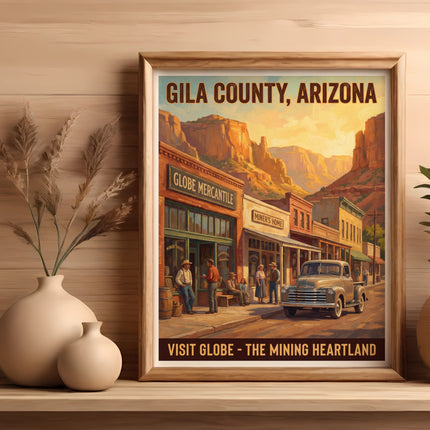 Gila County, Arizona "Visit Globe - The Mining Heartland" vintage travel poster.