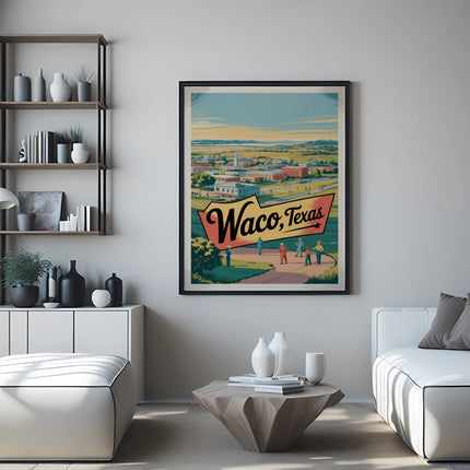 Vintage travel poster for Waco, Texas with people standing on a street.