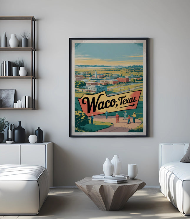 Vintage travel poster for Waco, Texas with people standing on a street.