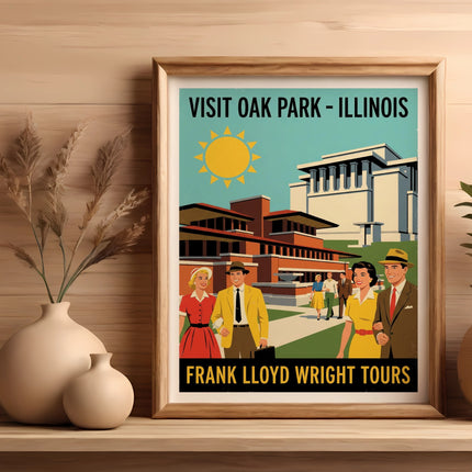 Vintage poster advertising Frank Lloyd Wright tours in Oak Park, Illinois.