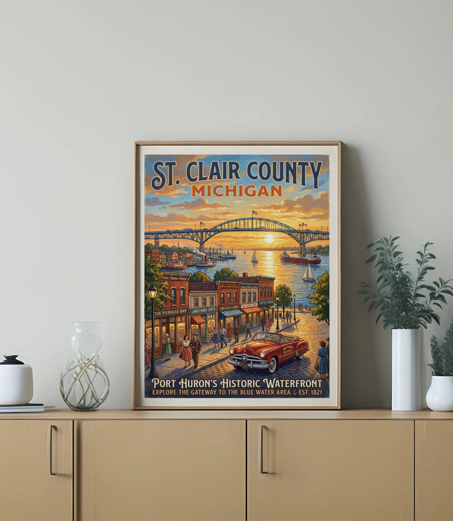 Vintage travel poster of St. Clair County, Michigan with a waterfront scene.