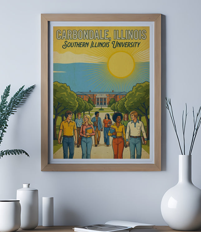 Carbondale, Illinois Southern Illinois University poster with students walking towards campus.