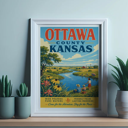 Ottawa County Kansas vintage travel poster with rural landscape and fishing scene.