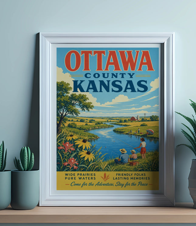 Ottawa County Kansas vintage travel poster with rural landscape and fishing scene.