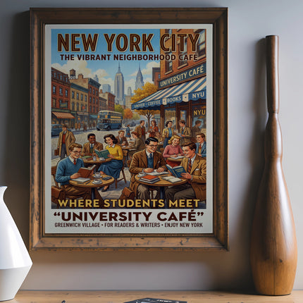 New York City University Café poster featuring students reading and drinking coffee.