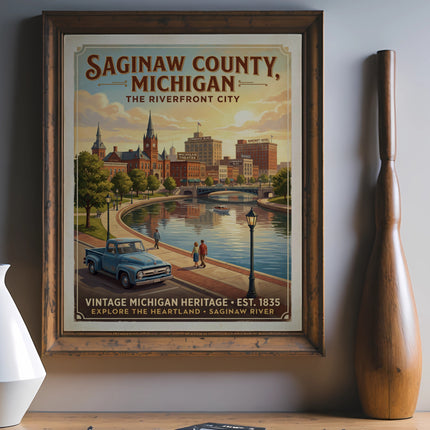 Saginaw County, Michigan vintage travel poster with cityscape and riverfront.