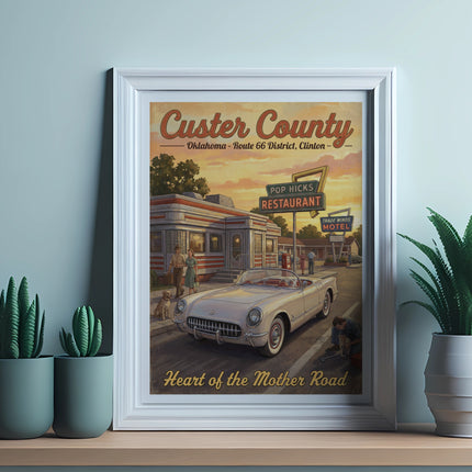 Custer County, Oklahoma Route 66 poster featuring a vintage convertible and diner.