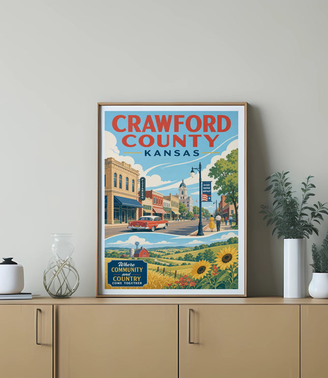 CRAWFORD COUNTY KANSAS vintage travel poster with sunflowers and main street scene.