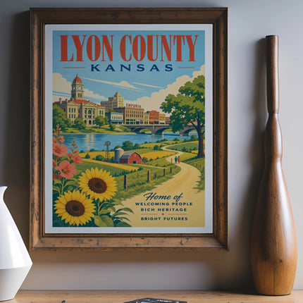 Vintage Lyon County Kansas poster with sunflowers, Emporia, and farm scene.
