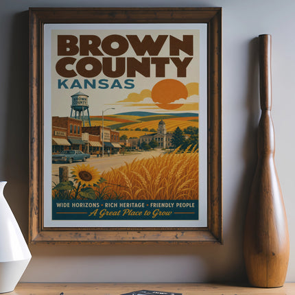 Brown County, Kansas vintage travel poster with wheat fields and bank building.