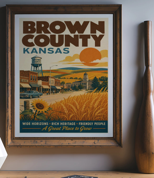 Brown County, Kansas vintage travel poster with wheat fields and bank building.