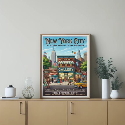 New York City art print of a street scene with people, taxis, and buildings.