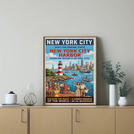 New York City Harbor vintage travel poster with boats and lighthouse.