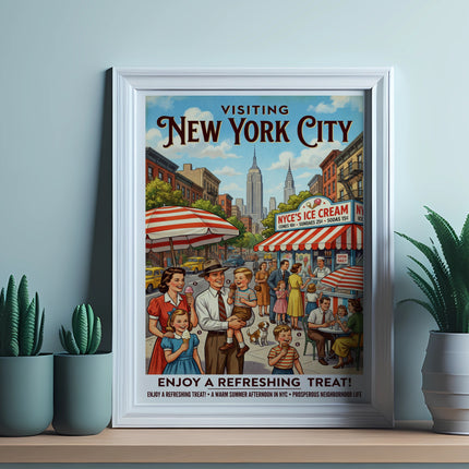 Vintage New York City poster with families enjoying ice cream on a sunny street.