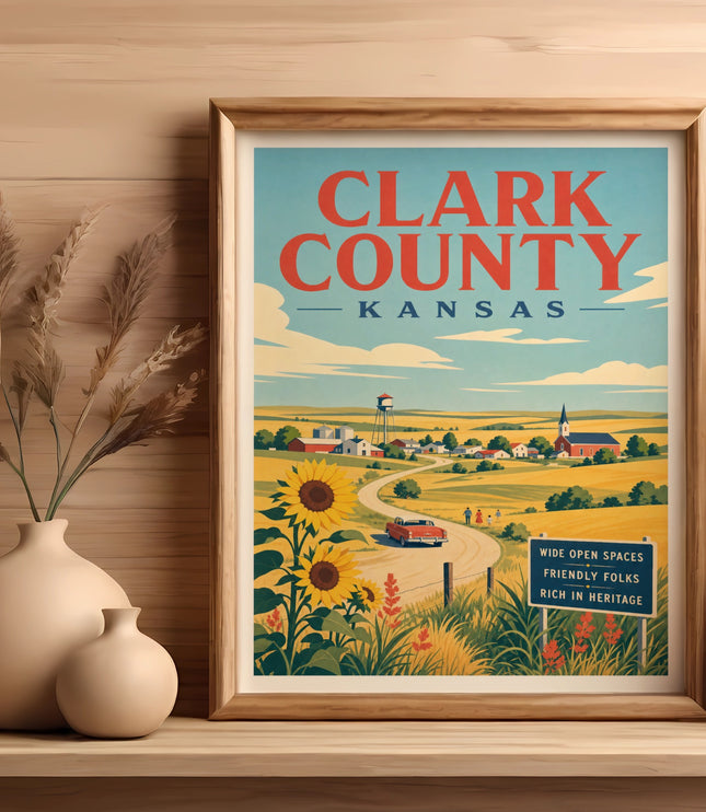Clark County Kansas travel poster with sunflowers and a red car.
