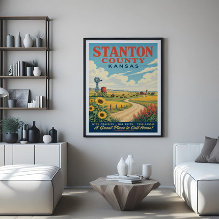 Stanton County, Kansas poster with fields, sunflowers, windmill, and text.
