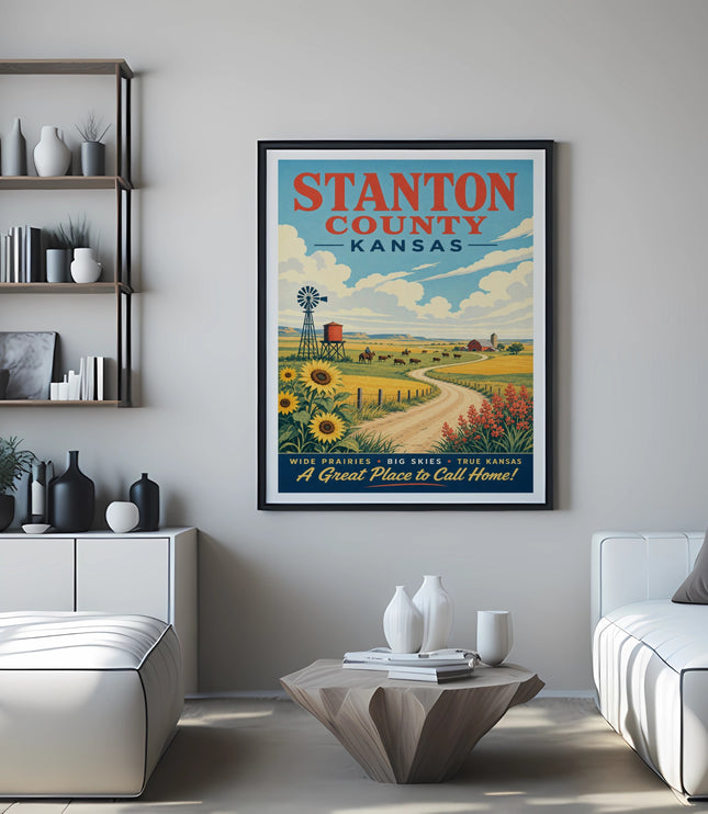 Stanton County, Kansas poster with fields, sunflowers, windmill, and text.