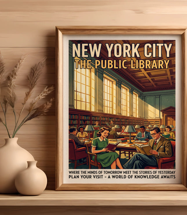 New York City Public Library vintage poster of people reading in a grand hall.