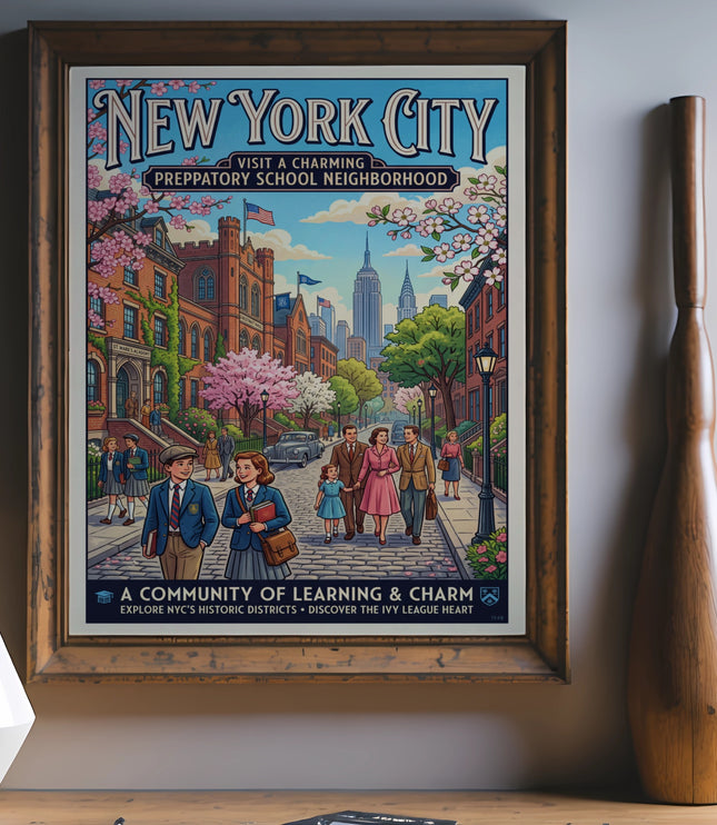 New York City preppy school neighborhood poster with Empire State Building.