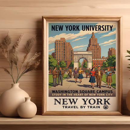 New York University Washington Square campus vintage travel poster.
